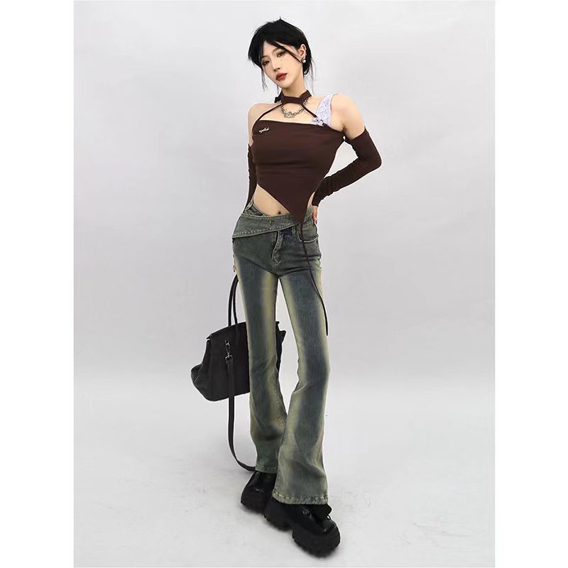 1W BLACK micro-horn jeans for women 2022 new design oblique waist slimming wide leg straight long pants 7SD1