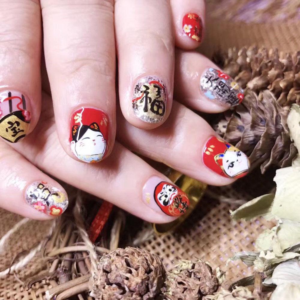 Miếng Dán Trang Trí Móng Tay Tự Dính Họa Tiết Mèo May Mắn 5D Dễ Thương