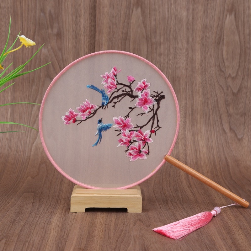 Quạt tròn cổ trang thêu hoa mộc Lan và đôi chim 2 mặt