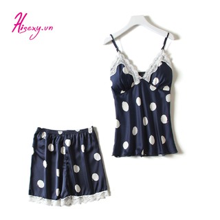 HISEXY Bộ Đồ Ngủ 2 Dây, Đầm Ngủ Liền Thân Chấm Bi Lụa Satin có Mút Ngực