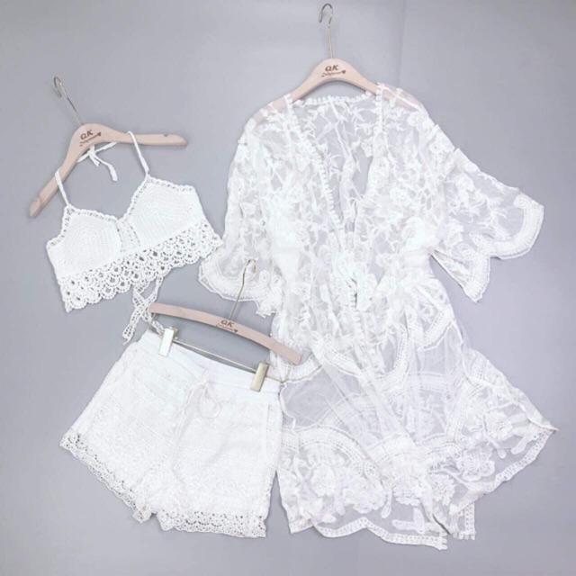 Set biển đẹp - set 3 món - áo bra vây cá + quần ren hoạ tiết đồng xu + choàng ren dài tay lượn ~100cm (có tách rời)