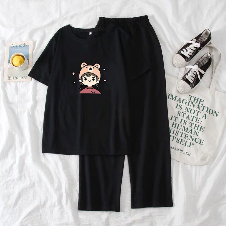 Sét Áo Bé mũ gấu + quần suông trơn, Áo thun from rộng, Chất đẹp không xù, quần suông ống rộng, Sét bộ mặc ở nhà - MODY