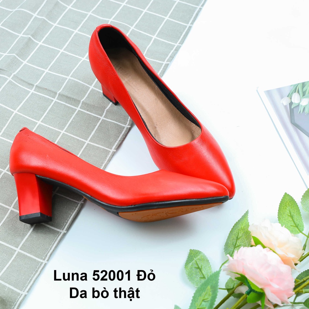 Giày cao gót nữ 5 phân LUNASHOES 52001 mũi nhọn gót vuông da bò mềm êm chân dễ phối đồ bảo hành 2 năm