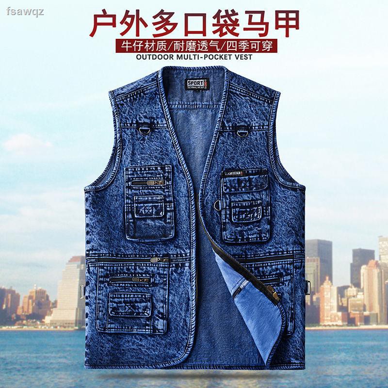 Áo Khoác Denim Không Tay Phối Túi Thời Trang Cho Đàn Ông Trung Niên