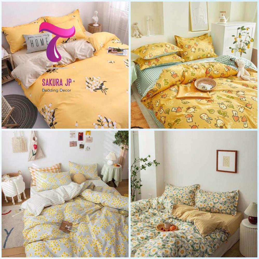 HÀNG MỚI- Set Chăn Ga Gối Đệm Poly Cotton 100% Vintage Hoa Vàng- BST Chăn Ga Gối Cotton Poly