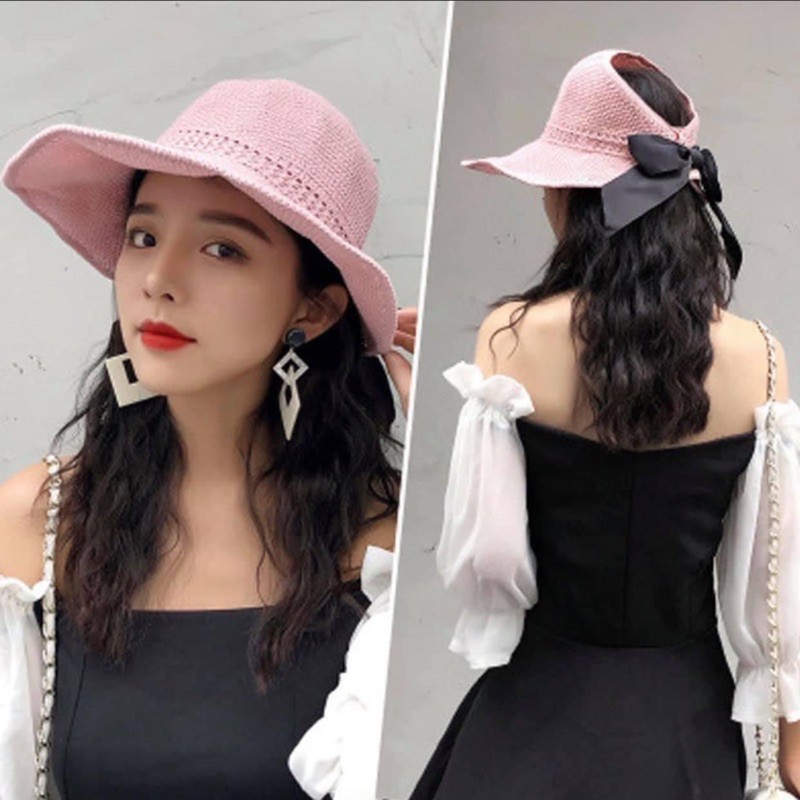 Mũ Cói, Nón Cói Mềm Hở Chóp Nơ Sau Gấp Gọn Được Cực Tiện Mang Đi