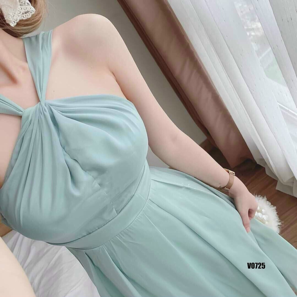 Đầm công chúa dáng dài đi chơi, đầm tiểu thư cổ yếm hở lưng phong cách bánh bèo có mút chuẩn hàn quốc