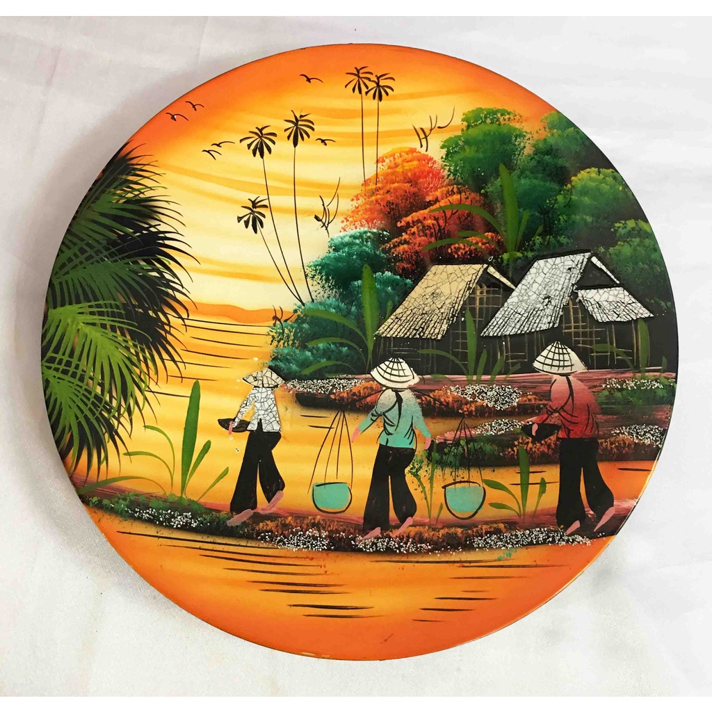 Tranh dĩa sơn mài 20cm cảnh quê hương VN  - Hàng thủ công mỹ nghệ Việt Nam