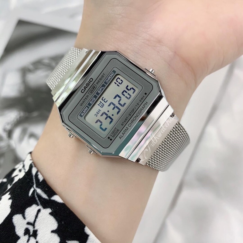 Đồng Hồ Unisex Casio A700WM-7A Điện Tử Cổ Điển - Dây Kim Loại Dạng Lưới - Mặt Vuông