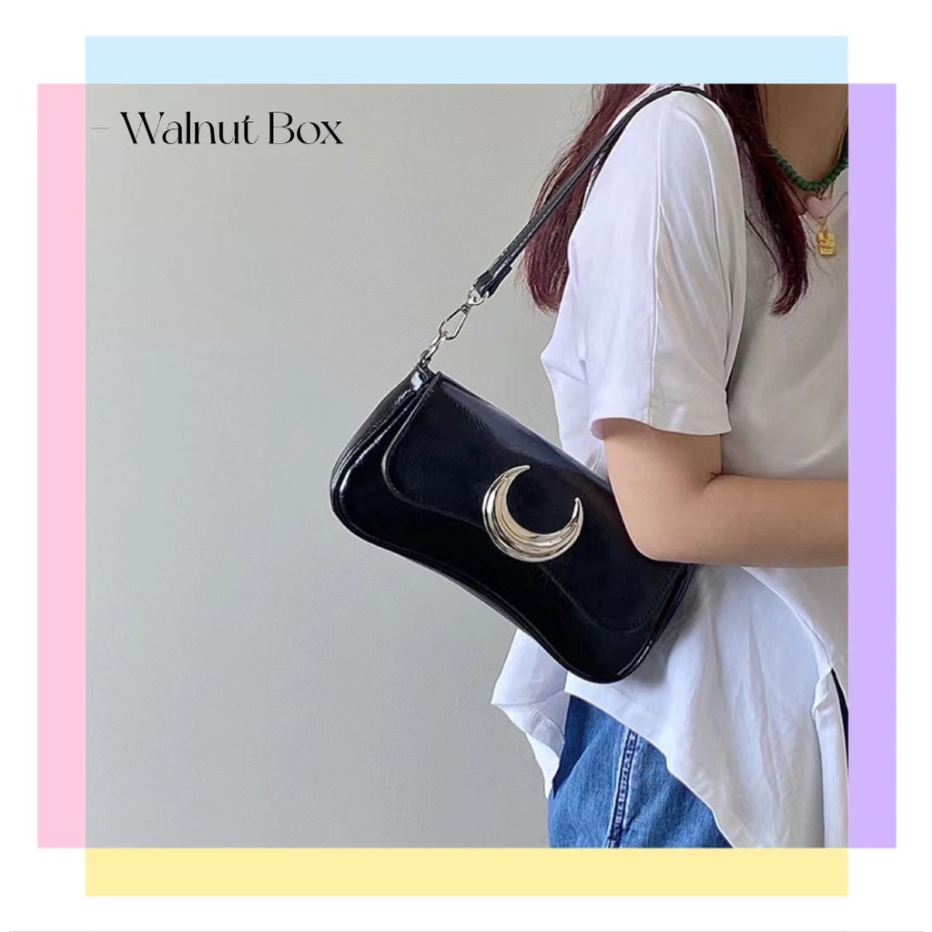 Niche Túi Xách Đeo Dưới Cánh Tay Màu Đen Khóa Mặt Trăng Cảm Giác Cao Cấp Thời Trang Phong Cách Mới Cho Nữ
