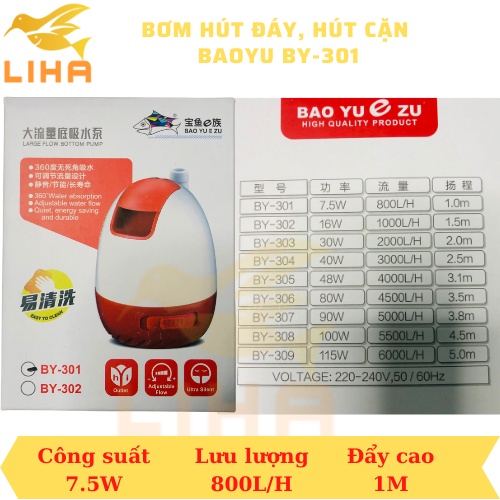 Máy Bơm Hút Cặn Baoyu BY-301 (7.5W-800L/H-1M) - Bơm Hút Đáy Hồ Cá