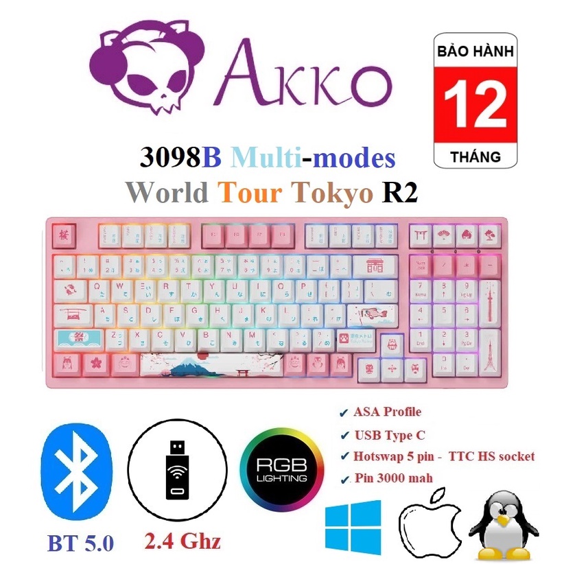 [Mã SKAMSALE03 giảm 10% đơn 200k] Phím cơ không dây AKKO 3098B Multi-modes World Tour Tokyo R2 BT 5.0/ Wireless 2.4Ghz