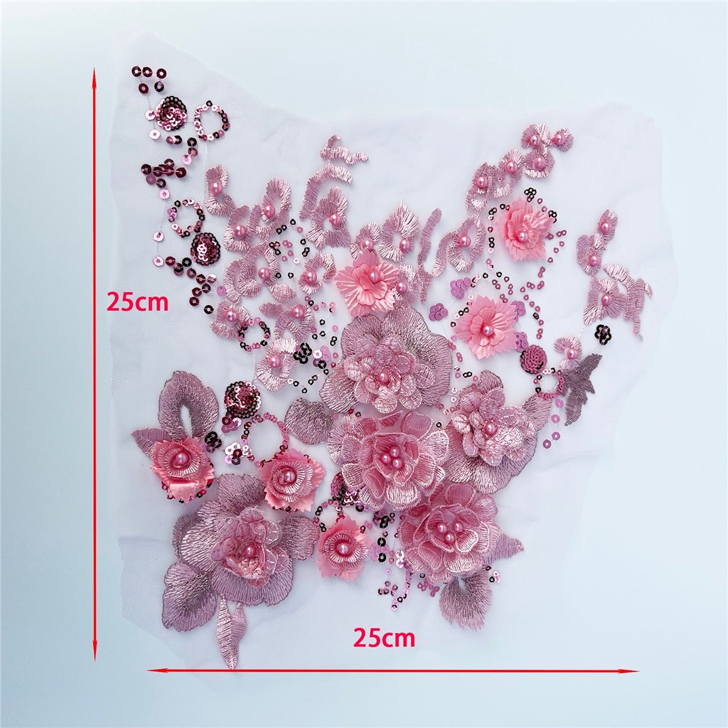 1 Miếng Vải Ren Thêu Hoa Đính Cườm 3D 25 * 25CM Trang Trí Váy Cưới