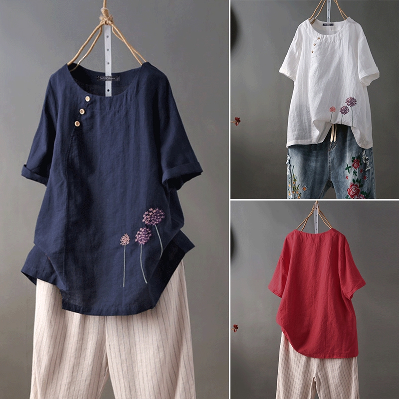 Áo tay ngắn họa tiết thêu ZANZEA thời trang cho nữ | BigBuy360 - bigbuy360.vn