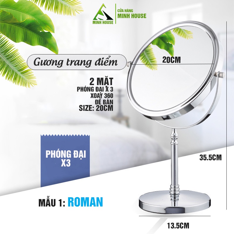 Gương trang điểm để bàn Roman, Crom, phóng đại zoom x3, 2 mặt xoay siêu nét Minh House