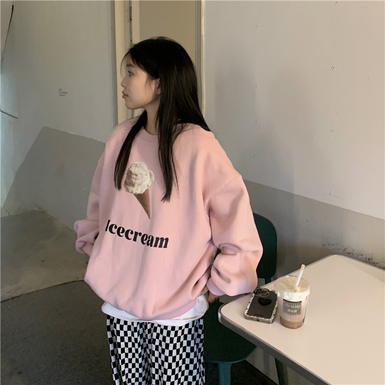 Áo sweatshirt SUXI lót lông cừu tay dài cổ tròn dáng rộng họa tiết Hàn Quốc thời trang dành cho nữ