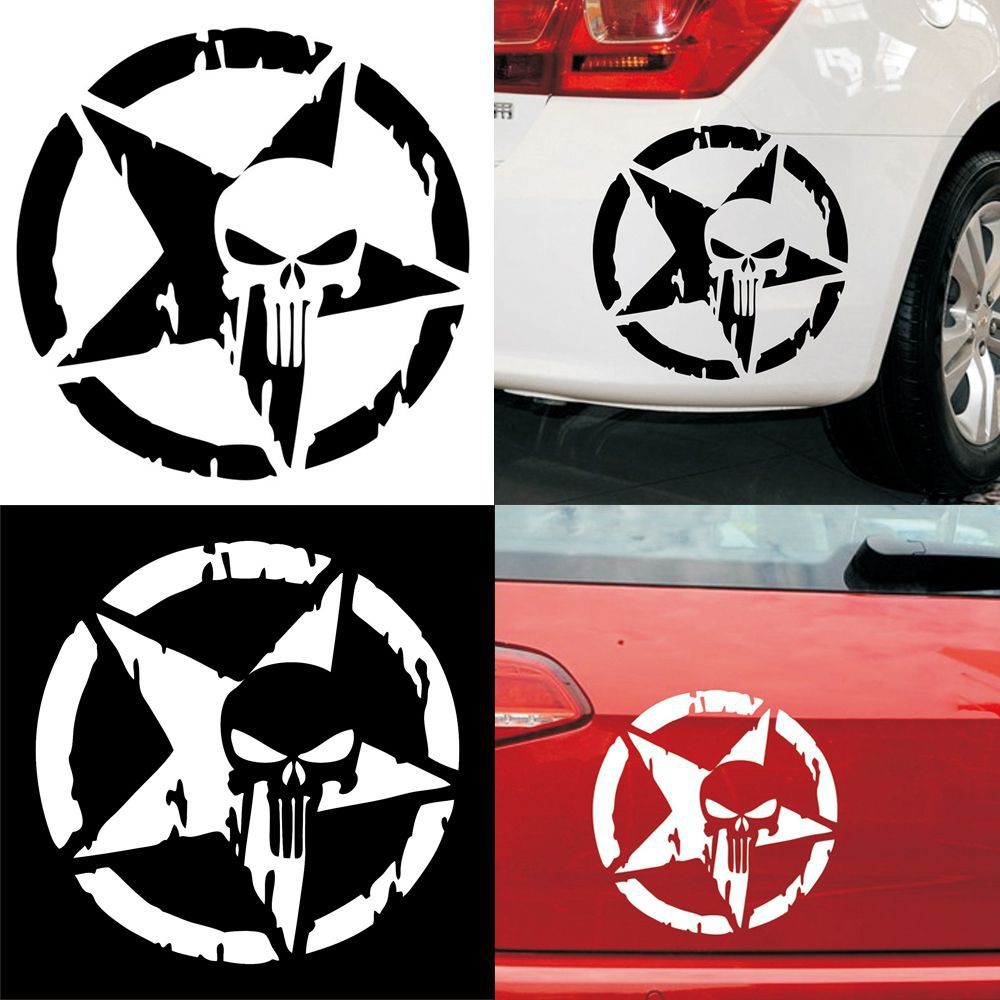 Decal Dán Trang Trí Xe Hơi Hình Đầu Lâu Phim Punisher &amp; Ngôi Sao 13x13cm