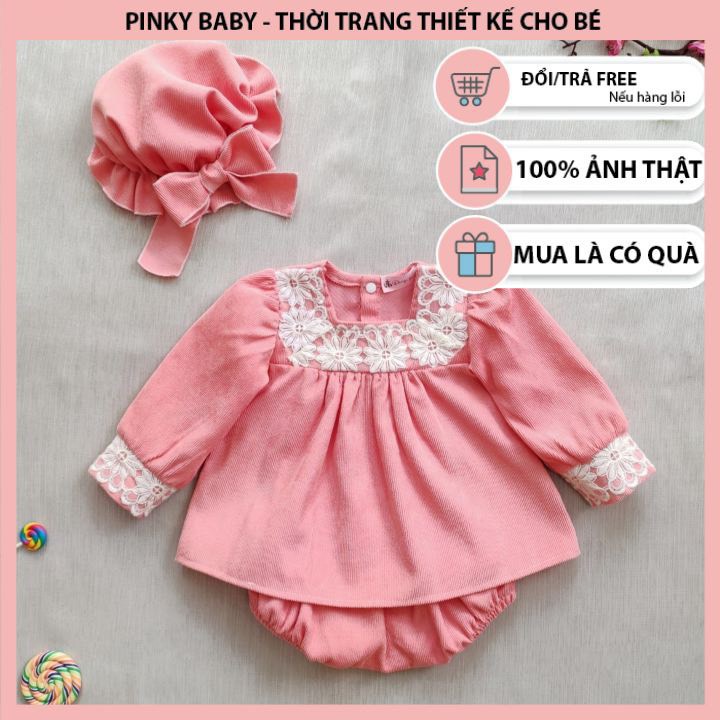 Bộ Chip Dài Tay Hồng Ren Thun Tăm Siêu Đẹp Cho Bé Sơ Sinh 0-12 Tháng Kèm Mũ, Váy Đầy Tháng, Bodysuit Sơ Sinh