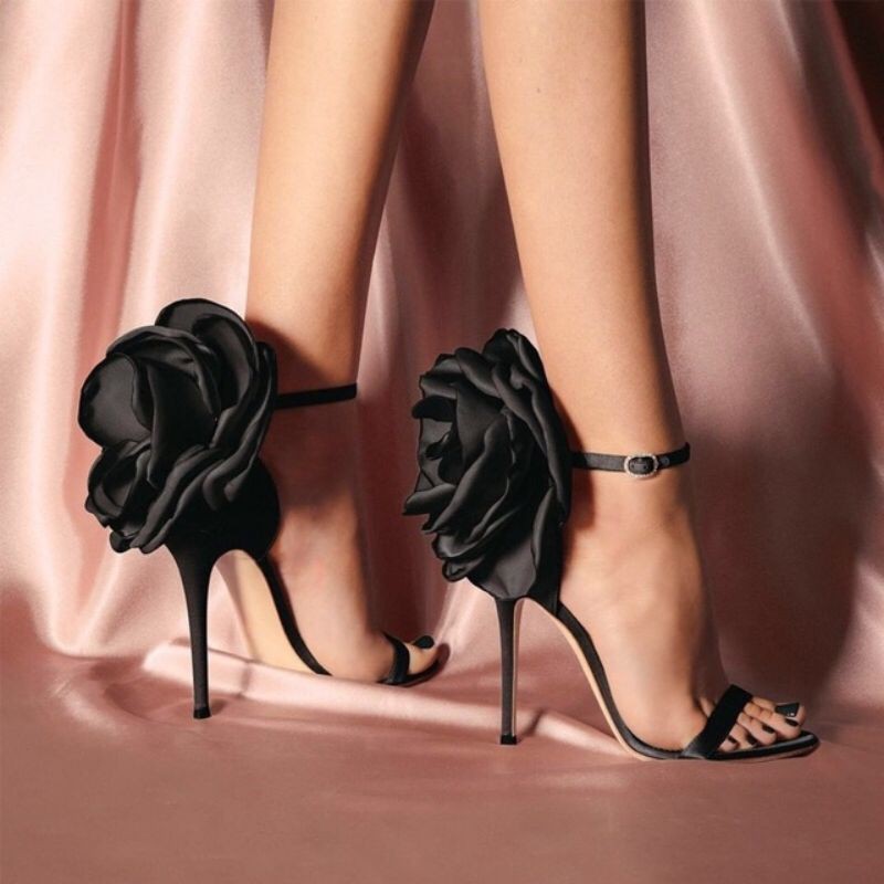 Giày Sandal Cao Gót Nơ Hoa Hồng Gót Nhọn Cao 9p Dễ Thương