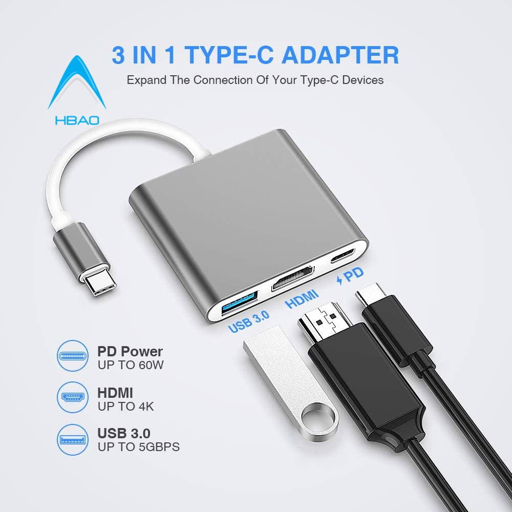 Hub Cáp Bộ Adapter Chuyển Tín Hiệu Usb 3.1 Type-C Sang HDMI 1080P, Type-C Và Usb 3.0 - Bộ Chuyển Đổi 3 Trong 1
