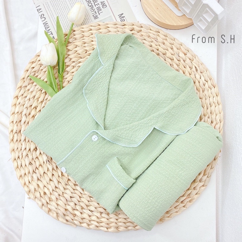 Set Pijama cổ bẻ xốp đũi Hàn màu pastel siêu ngọt. Bộ ngủ nữ pyjama pastel dễ thương