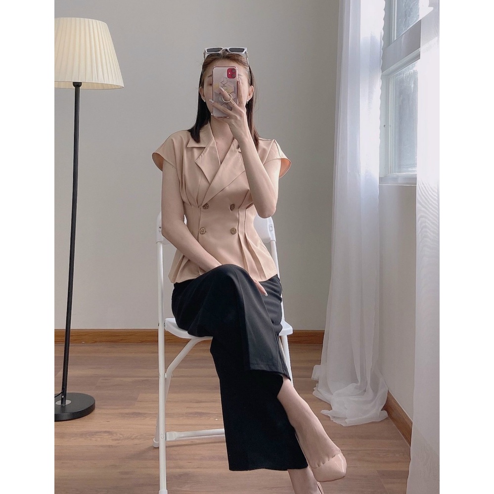 [Mã FAMARAL1 giảm 10K đơn 50K] Áo Sơ Mi Kiểu Nữ ❤️FREESHIP❤️ Công Sở Cổ Vest Chích Eo Đính Nút Gỗ