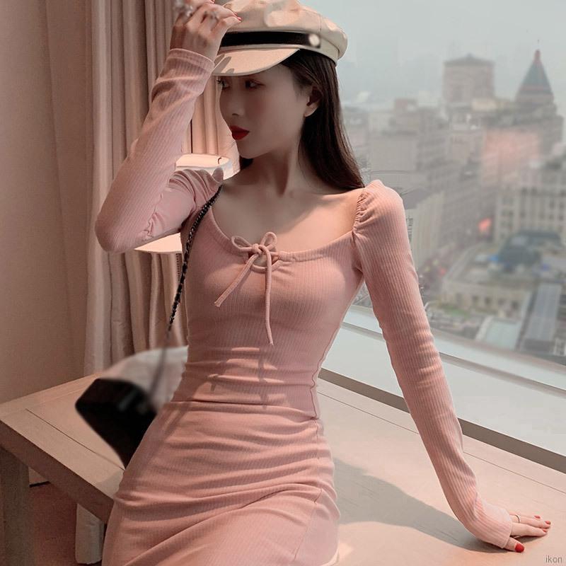 Đầm Tay Dài Cổ Vuông Màu Trơn Thiết Kế Ôm Sát Quyến Rũ đầm hoa váy hoa nhí