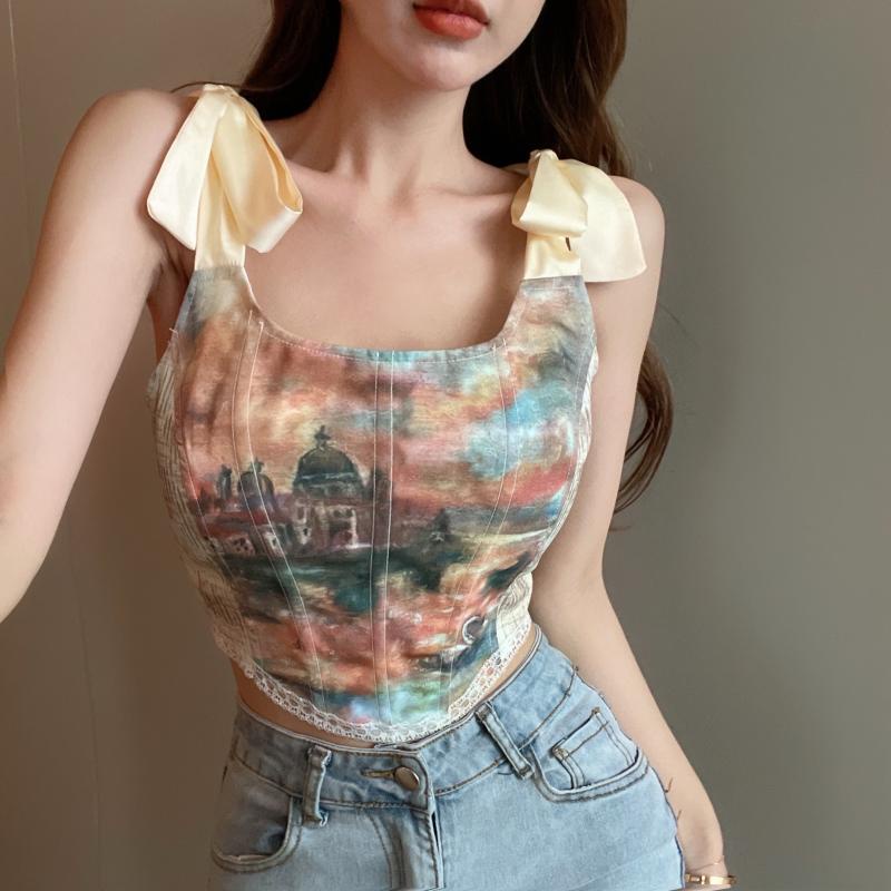 Áo Hai Dây In Họa Tiết Tranh Sơn Dầu Phong Cách Retro Thời Trang Cho Nữ