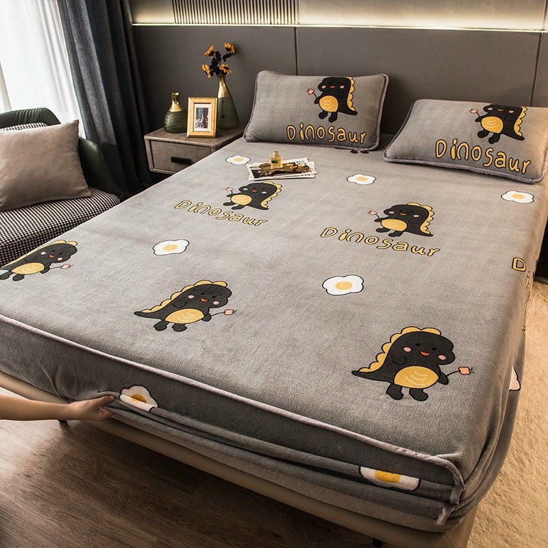 Bộ ga và 2 vỏ gối nỉ nhung tuyết hoạ tiết 3D mềm mịn dễ thương