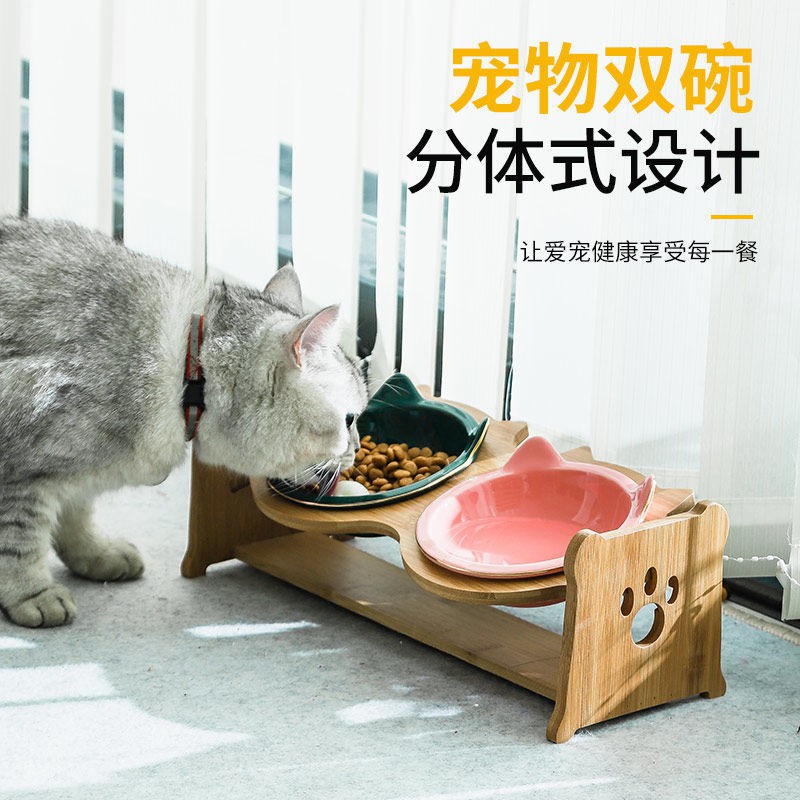 Bát ăn cho mèo Chân cao bảo vệ cột sống cổ miệng xiên chó dễ thương đôi gốm sứ uống nước thú cưng