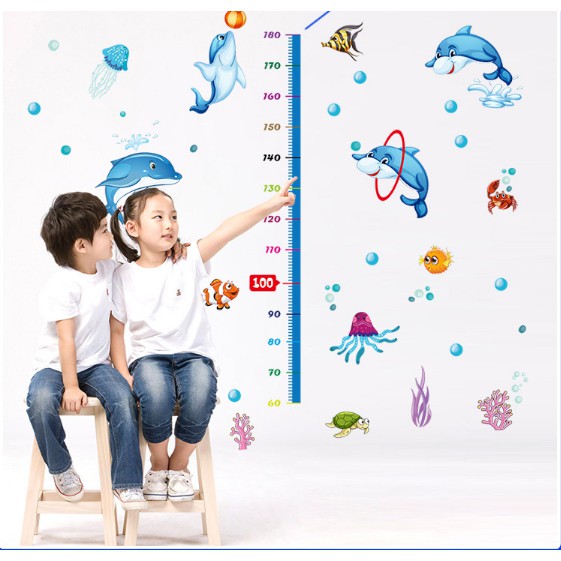 Decal trang trí thước đo Cá Heo Xanh cho Bé