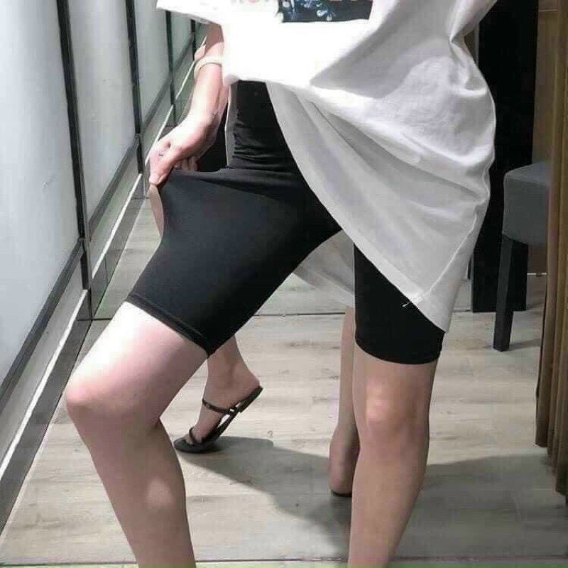 Quần legging đùi lửng ngố nữ mặc nhà vải thun đen co dãn ôm bó thể thao Quần short cộc nữ ngắn trên gối mặc tập gym yoga