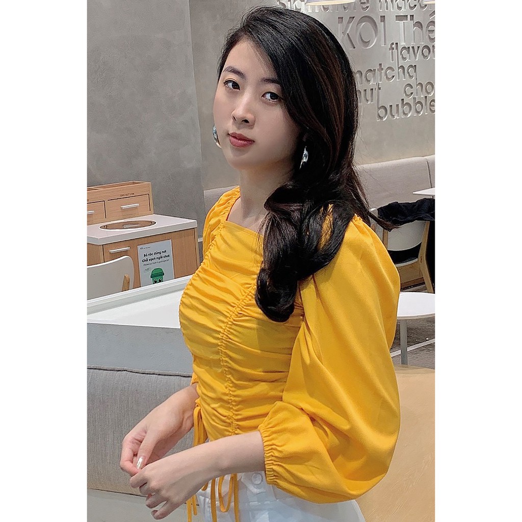 Áo sơ mi nữ 92WEAR dài tay rút dây thân ASA0293