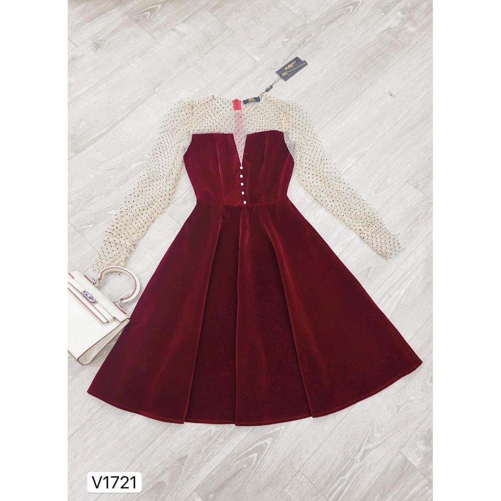 [𝐅𝐫𝐞𝐞𝐬𝐡𝐢𝐩] Đầm xòe công chúa [Đẹp DVC]  Váy xòe vải nhung đỏ tay dài chấm bi V1721 - Zin Dress Design