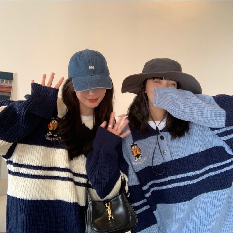 ÁO LEN POLO KẺ DÀI TAY UNISEX PHONG CÁCH HÀN QUỐC DỆT KIM PHỐI MÀU