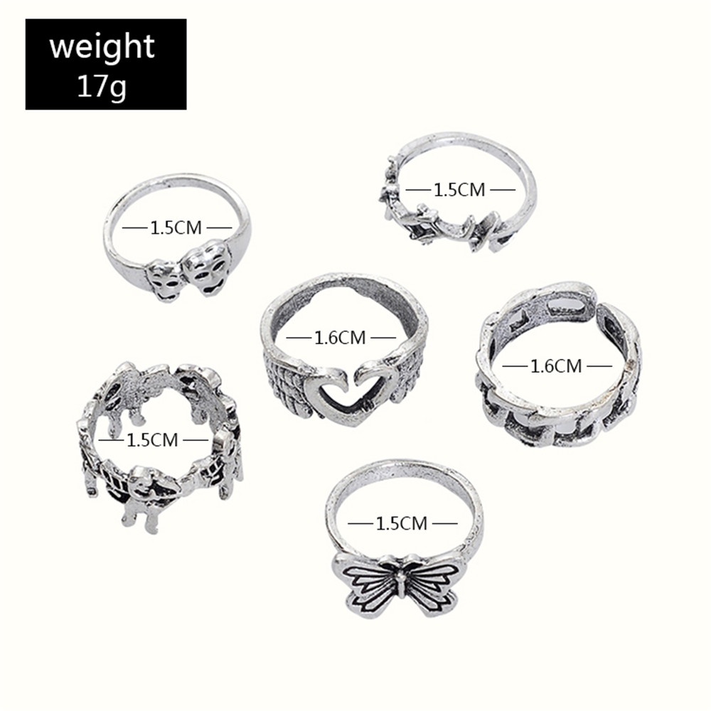 6pcs/set Nepalese Ring Retro Joint Ring Creative Heart Butterfly Ancient Silver Joint Ring Fashion Accessories Jewelry