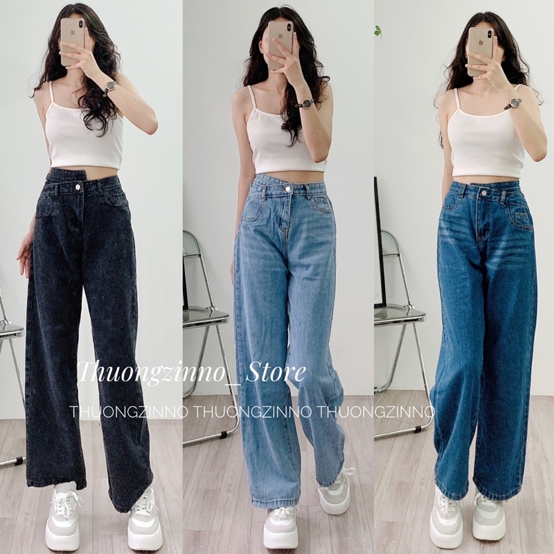 [Ảnh thật/Video]Quần Jean ống rộnh cạo chéo ba màu hottrend Quần bò ống rộng form to Quảng Châu