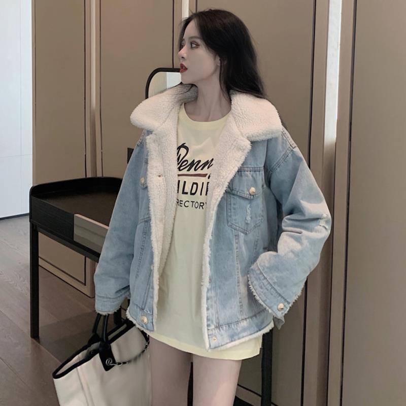 Áo Khoác Denim Cotton Len Lông Cừu Dày Đệm Cotton Phong Cách Hàn Quốc Thời Trang Mùa Đông Mới Cho Nữ