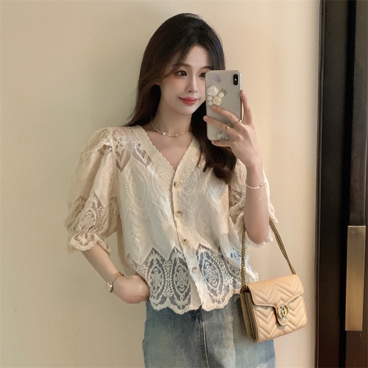 Áo sơ mi SUXI tay ngắn phồng dáng rộng phối ren màu sắc đơn giản thời trang mùa hè dành cho nữ