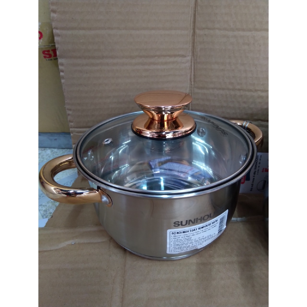 Bộ nồi inox 5 đáy sunhouse SH781  hoặc SHG788  dùng được bếp từ CÓ HÌNH THẬT