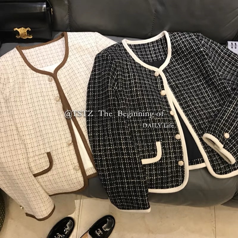 Áo dạ Tweed kẻ caro tiểu thư áo cardigan dạ dày dặn
