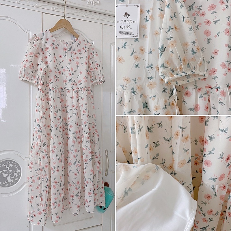 Đầm babydoll hoa nhí dáng dài ulzzang, Váy nữ xoè hoa nhí tay bồng