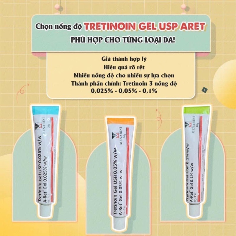 Tretinoin Aret gel 0.1% - 0.05% - 0.025% (20g) - tretinol giảm mụn, chống lão hóa (tre Ấn Độ chính hãng)