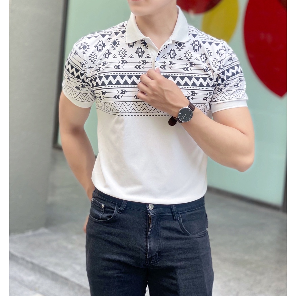 Áo thun POLO trắng in hoa văn Form slimfit ôm
