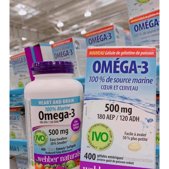 Viên uống dầu cá Omega 3 100% Marine Heart and brain Webber Naturals Canada; 400 viên