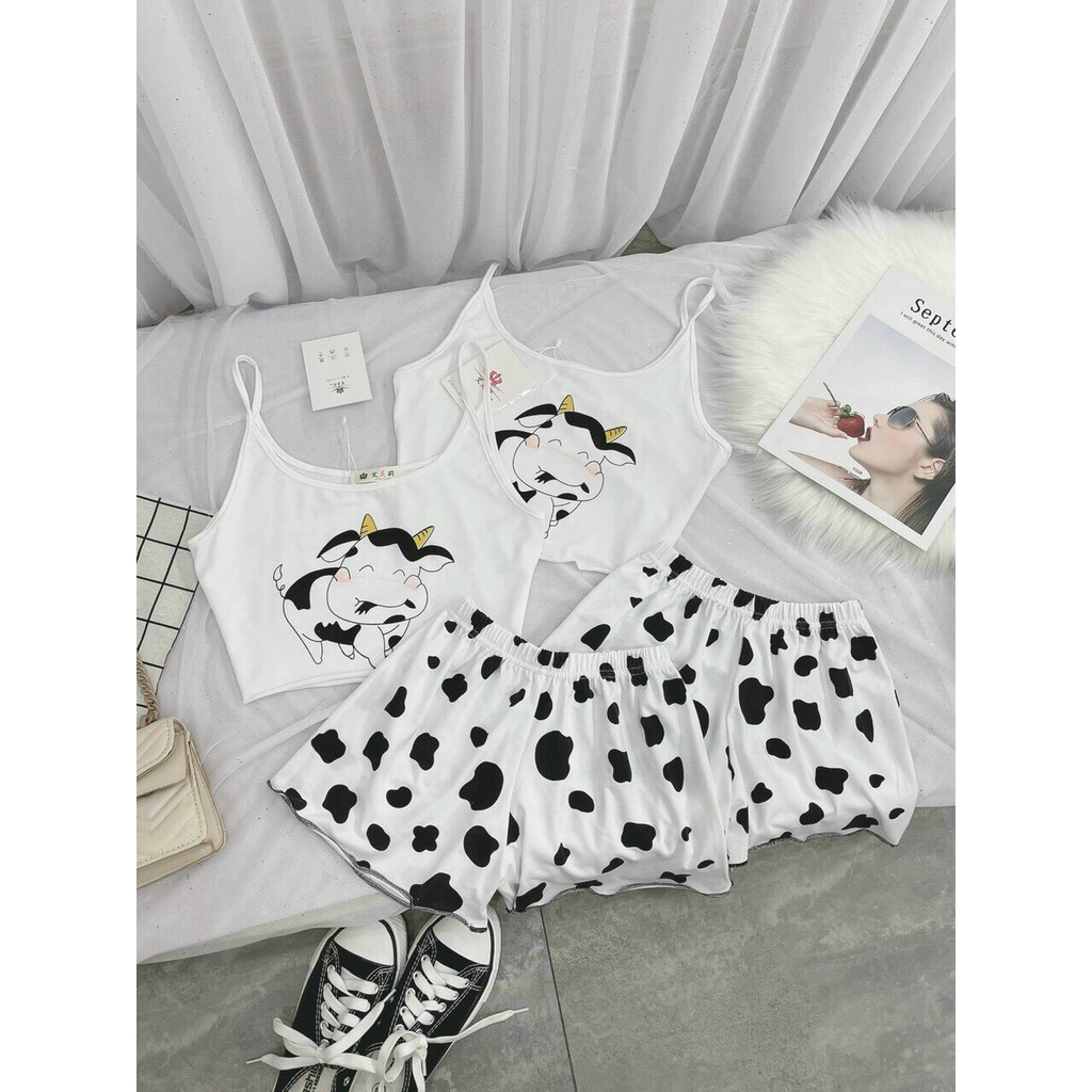 Set áo 2 dây phối quần short đùi bò sữa mặc nhà dễ thương