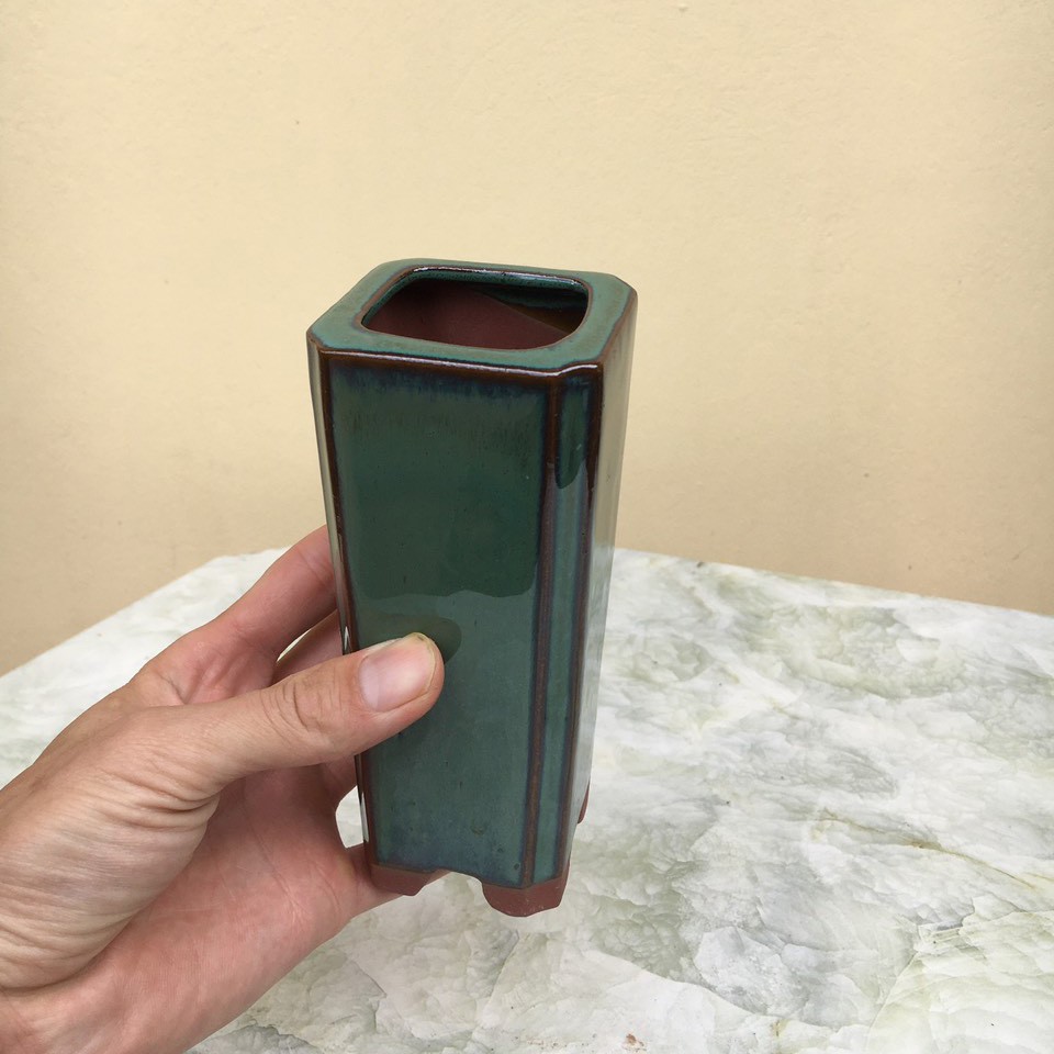 Chậu bonsai Vuông cao mini men xanh ngọc gốm Bát tràng 1 size BM-83