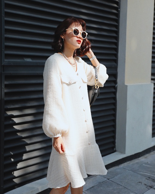 Đầm dạ tweed đuôi cá đính ngọc, dáng suông rộng bầu bí mặc thoái mái xinh | BigBuy360 - bigbuy360.vn