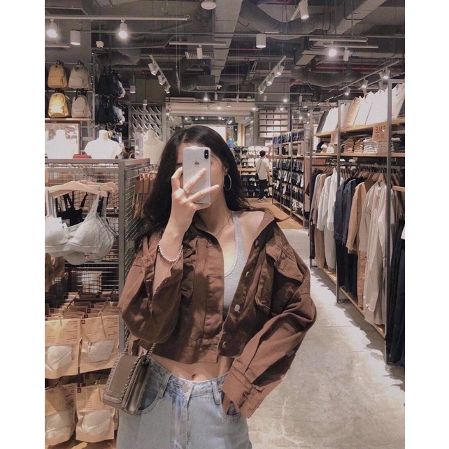 Áo Khoác Kaki Croptop Nữ [FREESHIP]  Jacket  tay bồng cá tính màu Be / Nâu  dáng ngắn thể thao Ulzzang