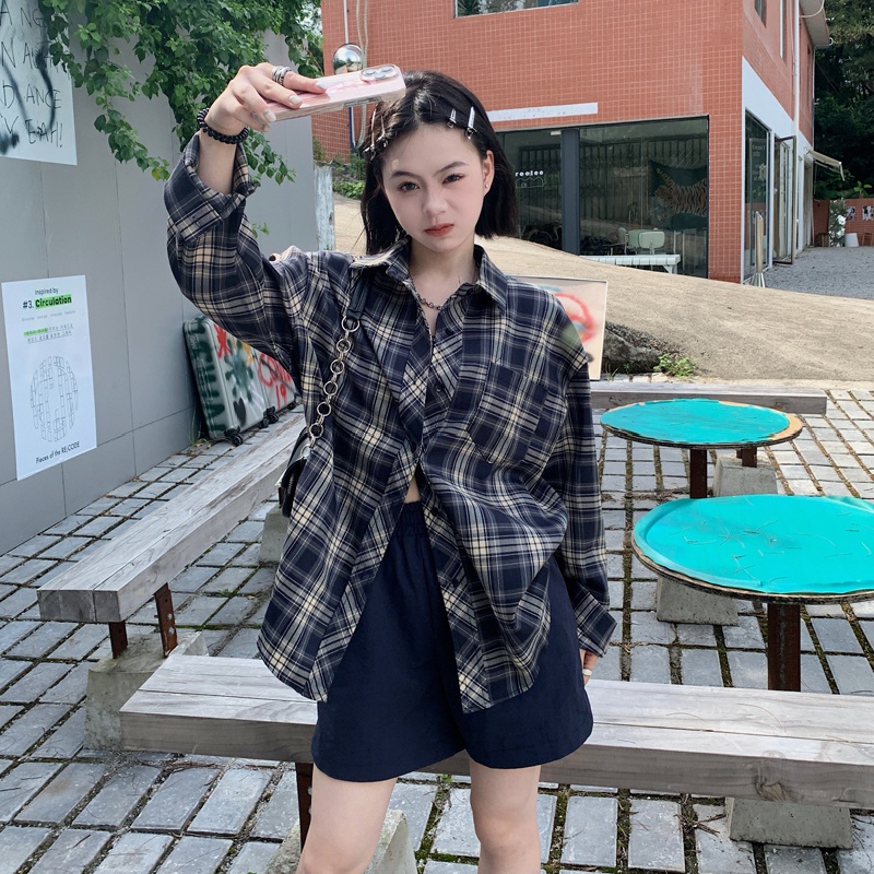 SUXI Áo Sơ Mi Caro Tay Dài Dáng Rộng Trẻ Trung Phong Cách Vintage Hàn Quốc